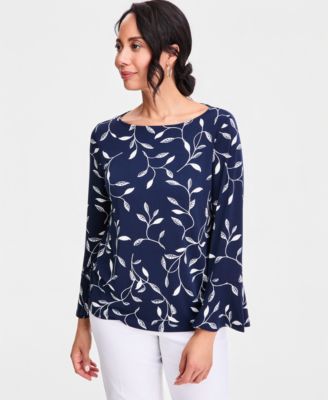 Women's Printed Boat-Neck Bell-Sleeve Top