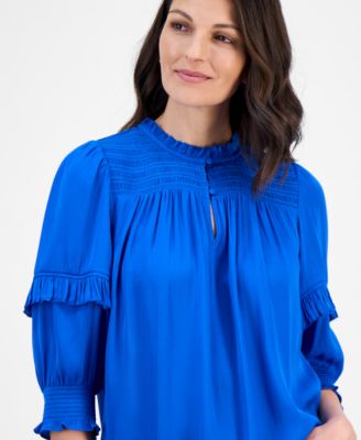 Women's Smocked Ruffle-Trim Elbow-Sleeve Top