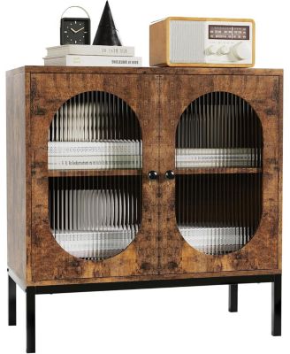 Rattan Buffet Storage Cabinet with Adjustable Shelves Wooden Sideboard Cabinet with 2-Tier Storage