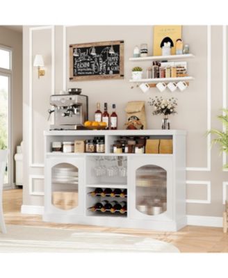 Modern Coffee Cabinet with Led Lights, Coffee Bar Table with 2 Glass Doors, White Bar Cabinet with with Wine Racks for Kitchen, Dining Room