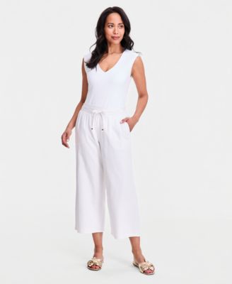 Women's Cropped Drawstring Line-Blend Wide-Leg Pants