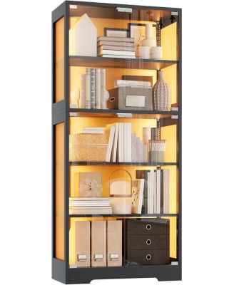 5 Layer Display Cabinet with Glass Doors, Modern Curio Cabinet with RGB Color Lights,Glass Display Cases for Collectibles