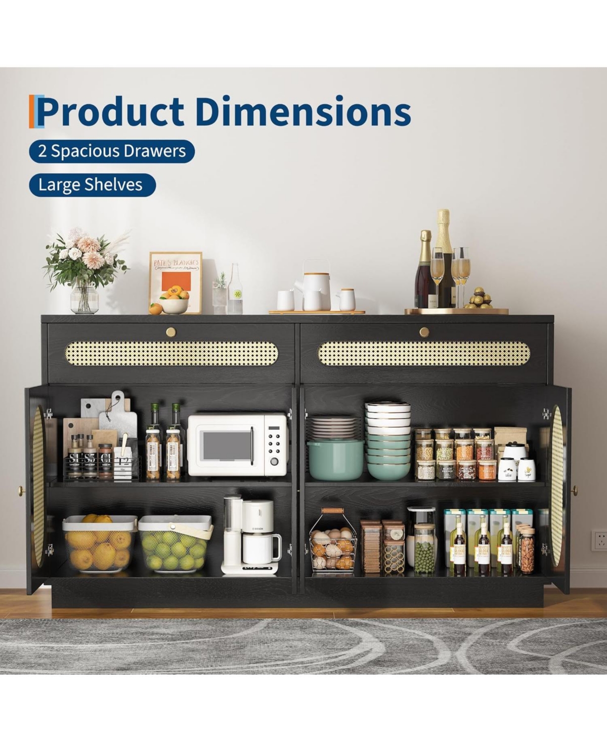 gaomon 60'' Rattan Sideboard, Sideboard Cabinet with Adjustable Shelves, Buffet 2 Drawers and 4 Doors for Dining Room