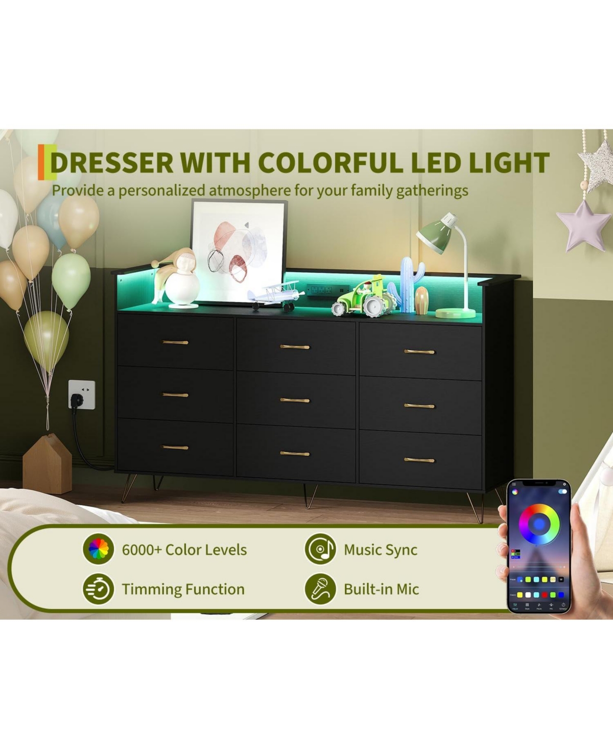 gaomon 9-Drawer Tall Dresser with App-Controlled Rgb Lights & Charging Station, Modern Wooden Chest 3 Outlets/2 Usb
