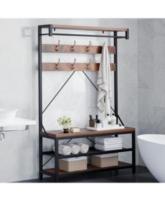 72" Industrial Hall Tree with Shoe Bench & Coat Rack, Entryway Storage Organizer with 8 Hooks, 3-Tier Shelf & Metal Frame