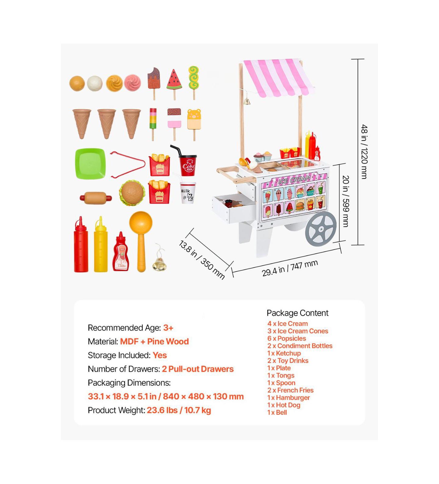 Детские игрушки Slickblue Ice Cream Cart 20+ Piece Set, Ages 3+, цвет: Розовый / Белый — фото 3