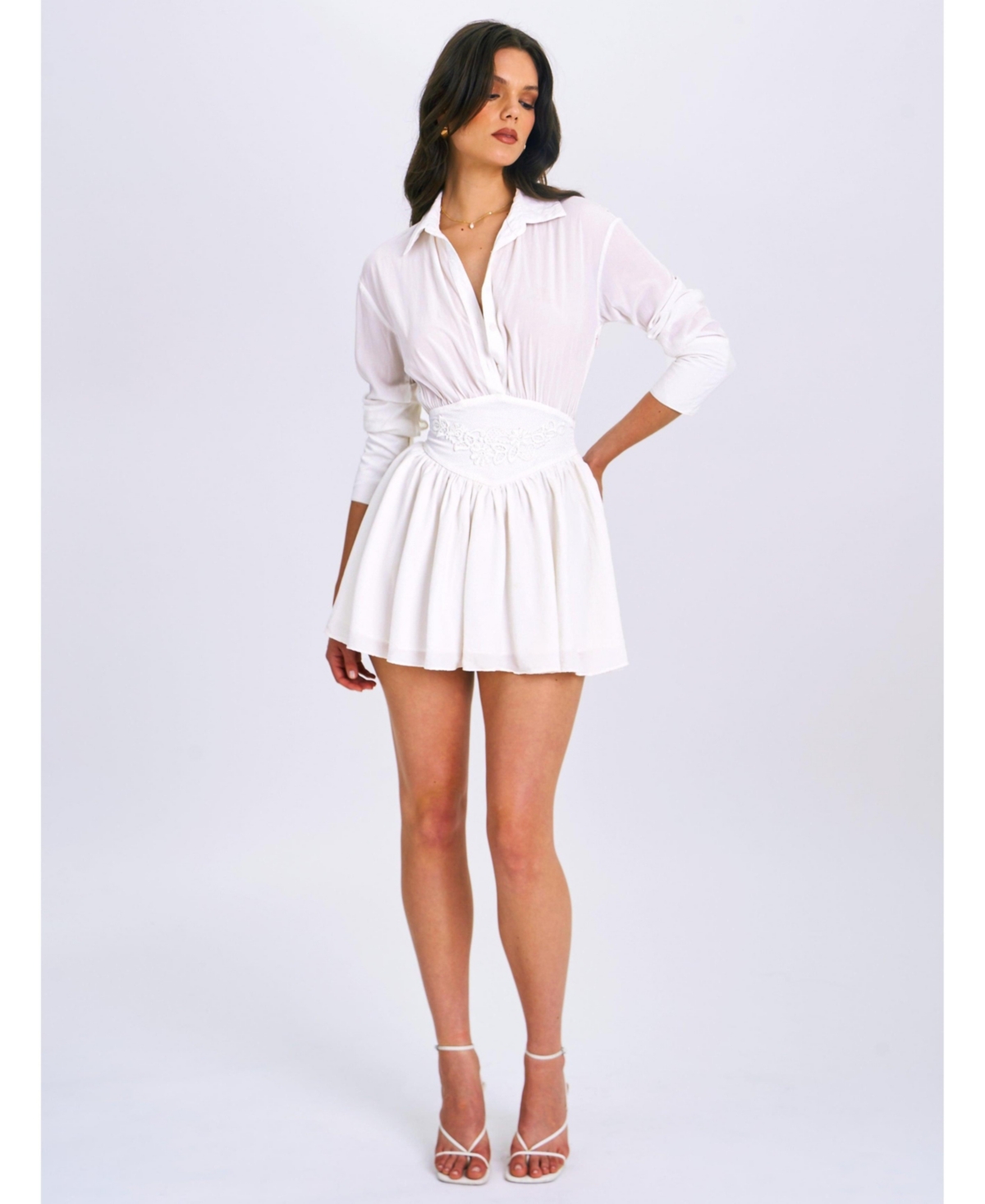 Miss Circle Women's Jamila White Shirt Mini Dress with Embroidered Waist Detail