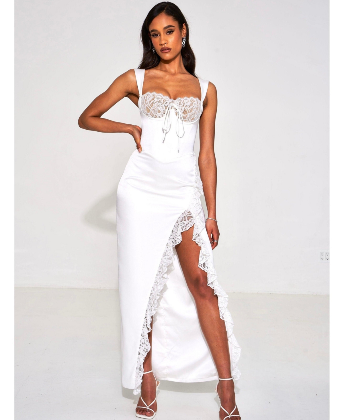 Miss Circle Women's Freddie White Lace Satin Maxi Corset Dress