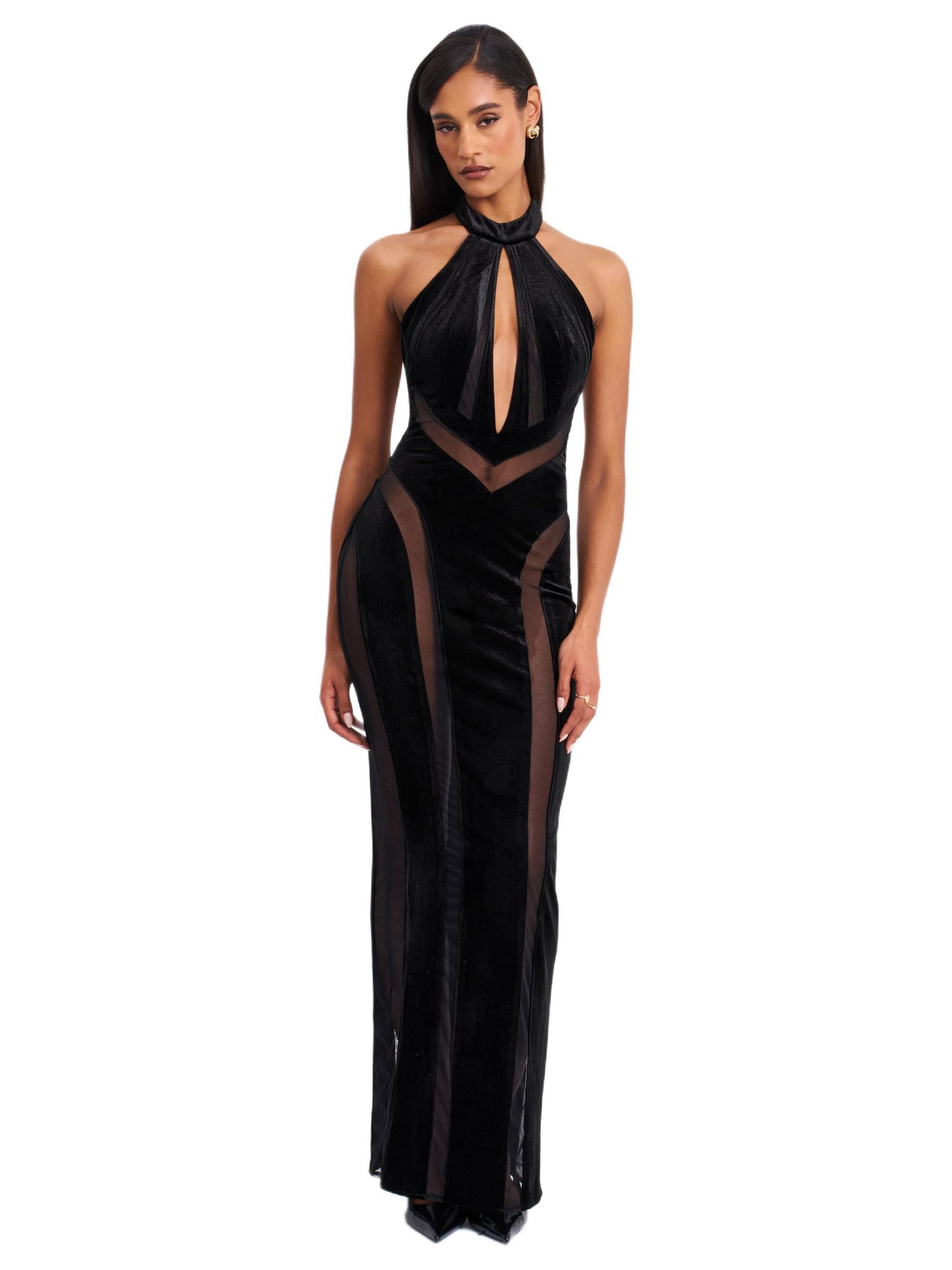 Women's Paityn Black Velvet Mesh Cutout Halter Gown