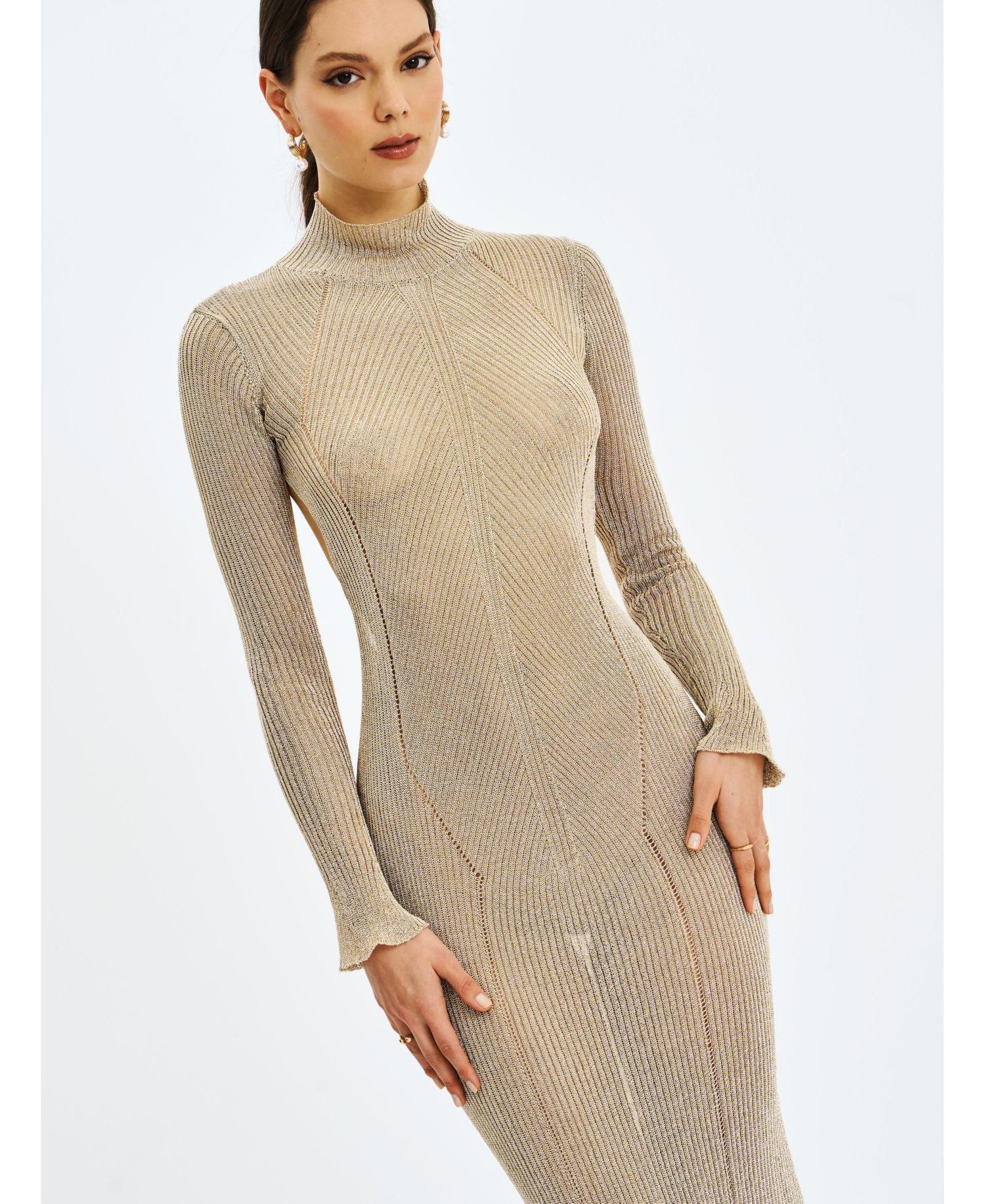 Women's Shay Gold Stretch Knit Backless Long Sleeve Dress