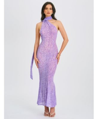 Women's Olena Purple Burnout Velvet Animal Print Mesh Halter Neck Maxi Dress