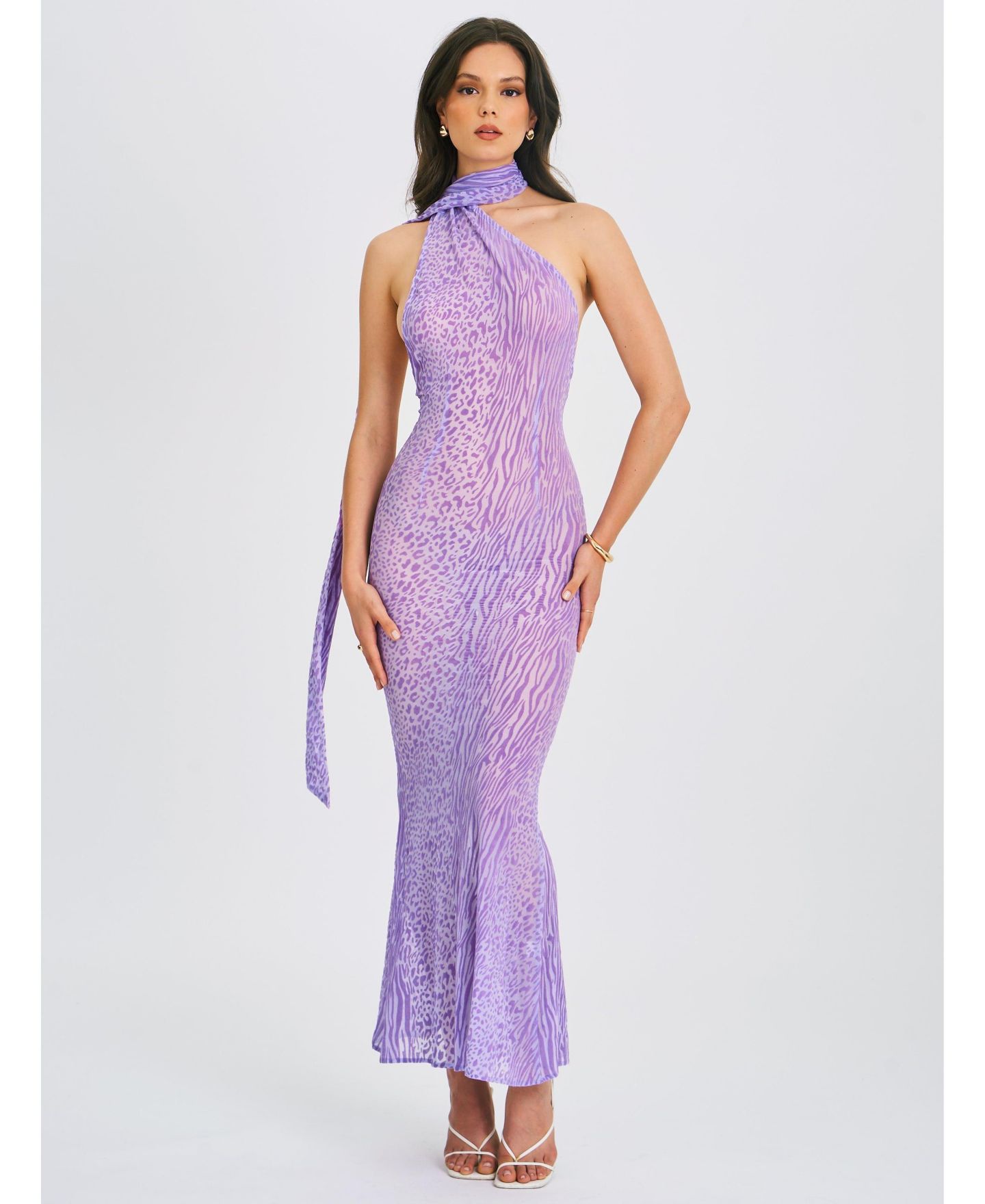 Женское платье Miss Circle Olena Purple Burnout Velvet Animal Print Mesh Halter Neck Maxi, цвет: Фиолетовый — фото 4