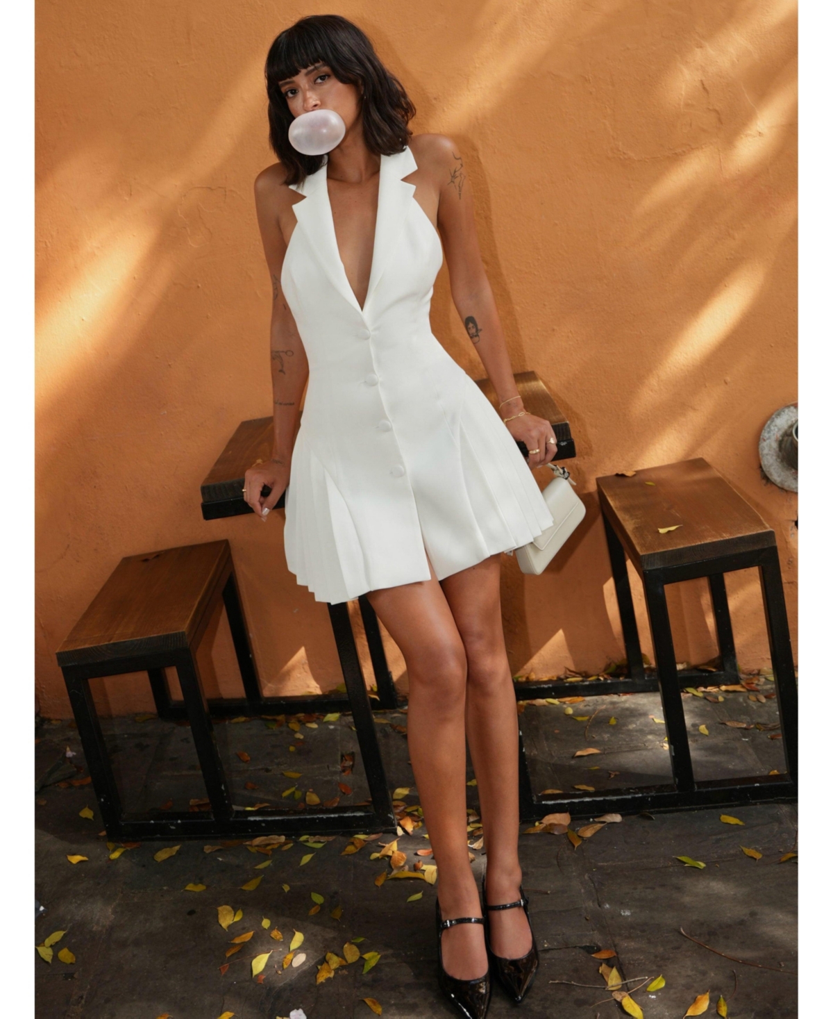 Miss Circle Women's Reyna White Backless Pleated Mini Blazer Dress