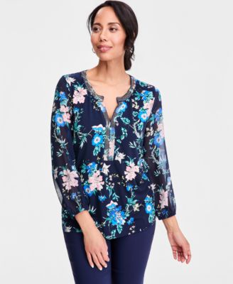 Women's Printed Chiffon-Sleeve Split-Neck Top
