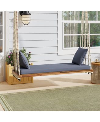 Patio Wooden Swing Chair, Hanging Porch Swing Bench with Cushion&Pillows, 10.8Ft Hemp Ropes for Garden,Backyard,Lawn