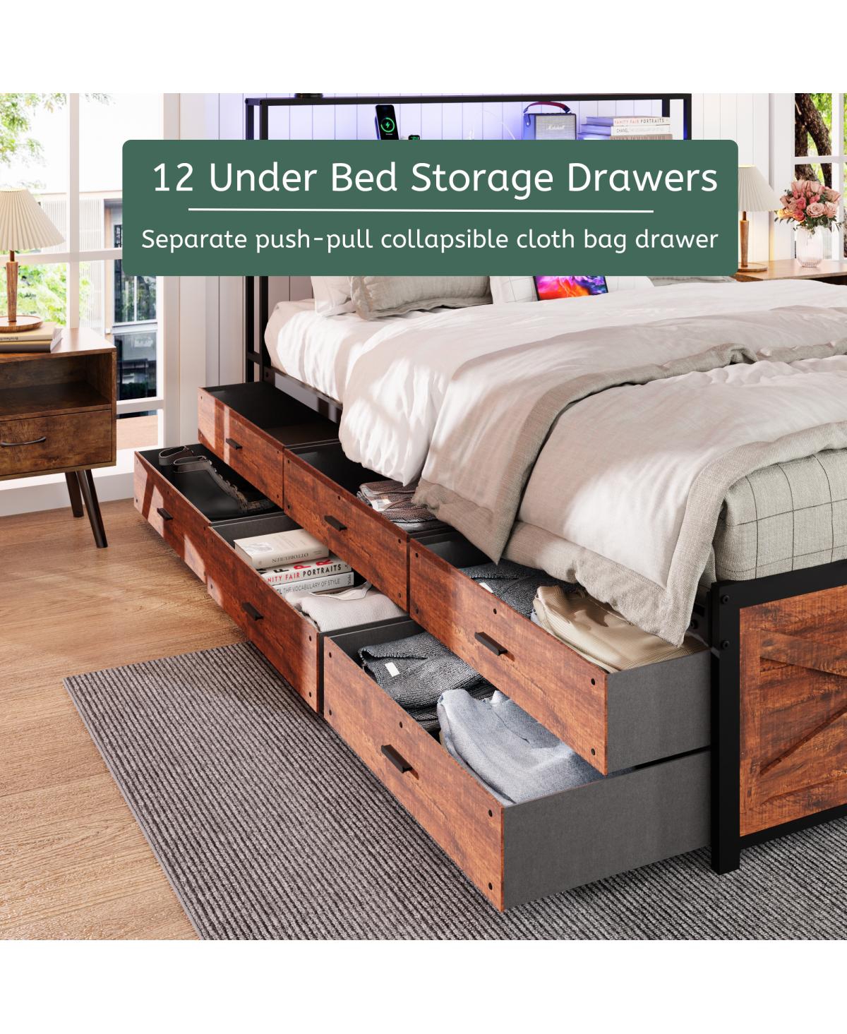 Streamdale Furniture King Bed Frame with Storage Headboard & 12 Drawers, Led Lights, Metal Platform