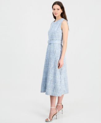 Women's Tweed Belted Sleeveless Midi Dress