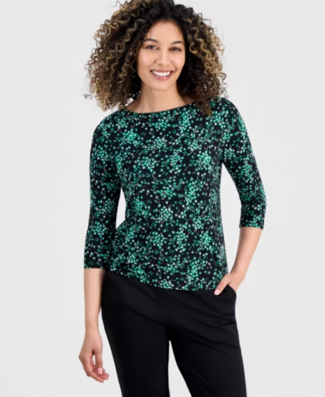 Petite Printed 3/4-Sleeve Top - Jones Black Multi
