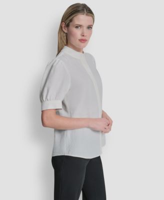 Women's Bell-sleeve Mandarin Collar Textured Blouse