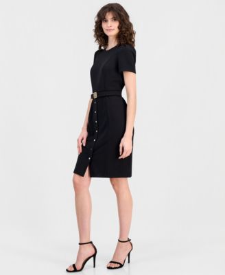 Women's Belted Puff-Sleeve Sheath Dress