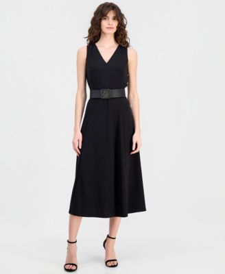 Women's Side-Button Belted Midi Dress