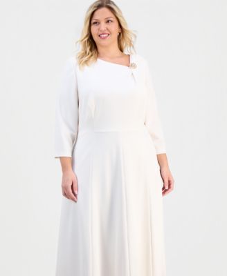 Plus Size Asymmetric-Neck 3/4-Sleeve Midi Dress