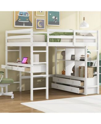 Streamdale Full Size Loft Bed with Desk, Drawers & Shelves, White