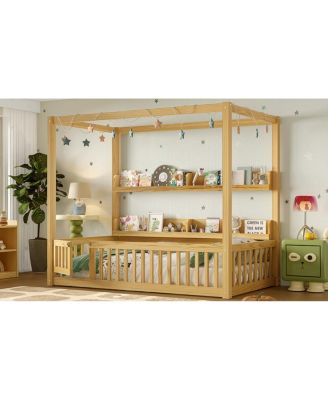 Twin Size Solid Wood Montessori Floor Bed Frame with Guardrails & Shelves