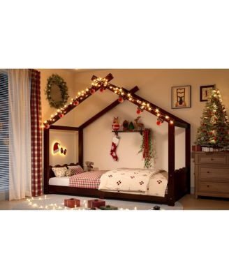 Twin House Floor Bed with Slats, Solid Wood House Bed Frame for Kids