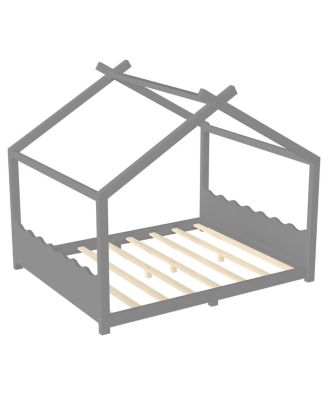 Queen House Floor Bed with Slats, Solid Wood Frame for Kids