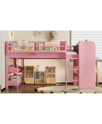 Full Loft Bed with Multi-storage, Solid Wood Low Loft Bed with Desk
