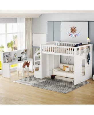 Full Size Loft Bed with Desk and Storage Stairs