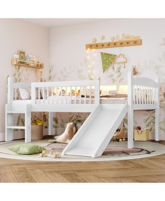 Twin XL Loft Bed with Storage, Solid Wood, LED Lights, Guardrails