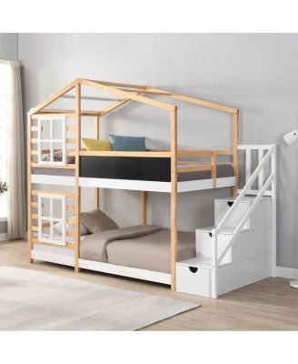Twin over Twin Bunk Bed House Bed with Storage Ladder Platform Bed