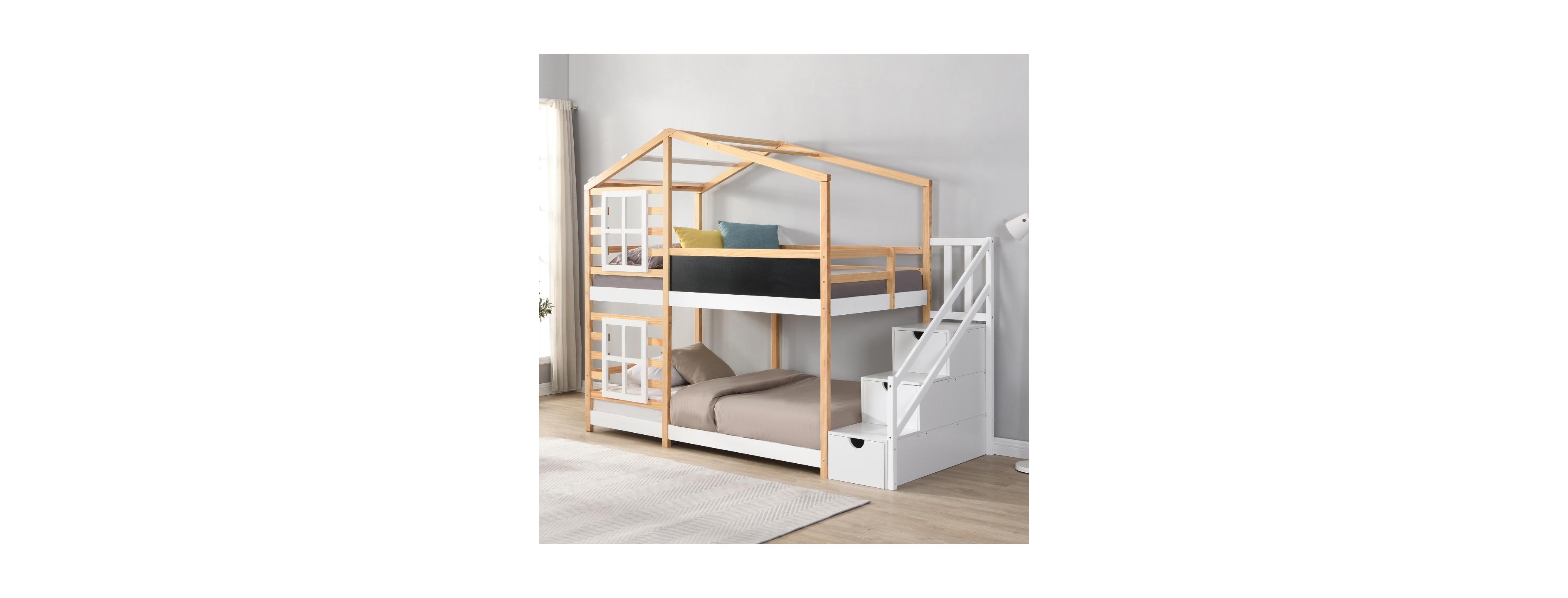 Streamdale Furniture Twin over Twin Bunk Bed House Bed with Storage Ladder Platform Bed