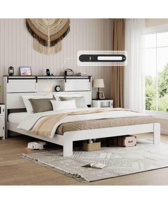 Queen metal bed frame with charging station, no box spring, no noise