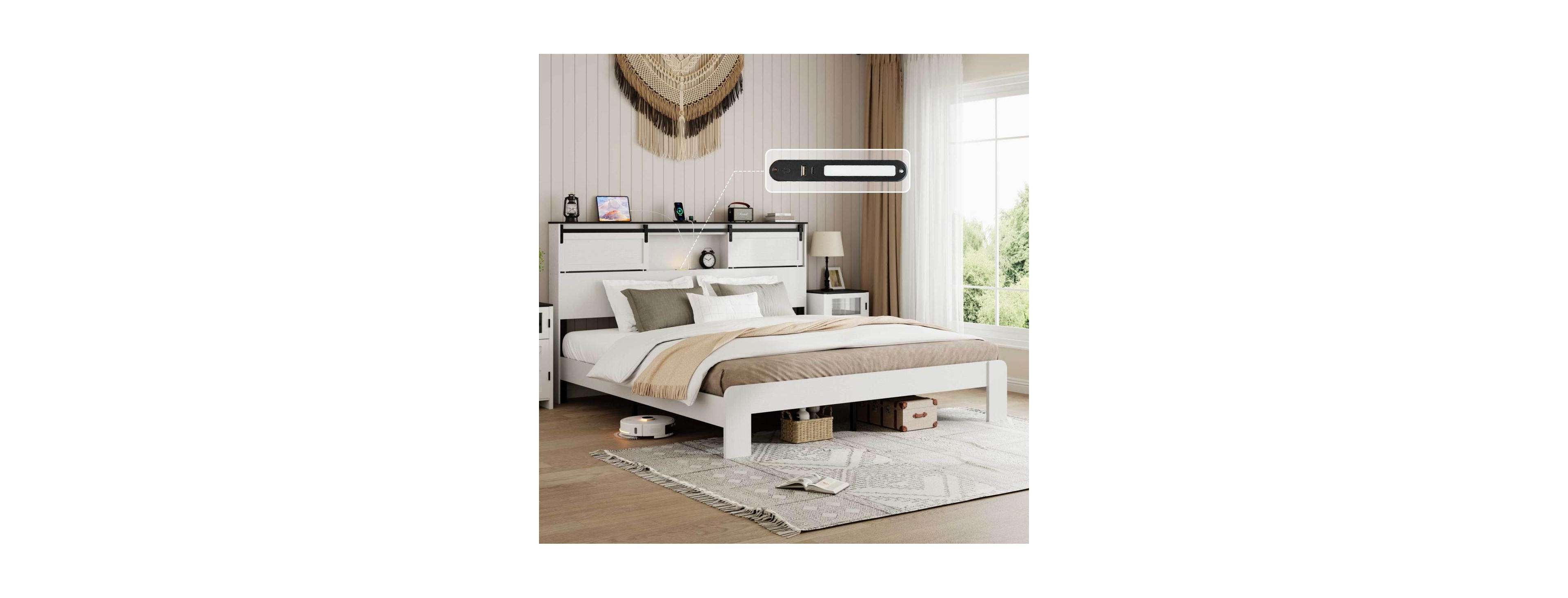 Streamdale Furniture Queen metal bed frame with charging station, no box spring, no noise