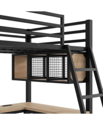 Metal L-Shaped Loft Bed with LED, Storage, 2 Desks & Charging Stations