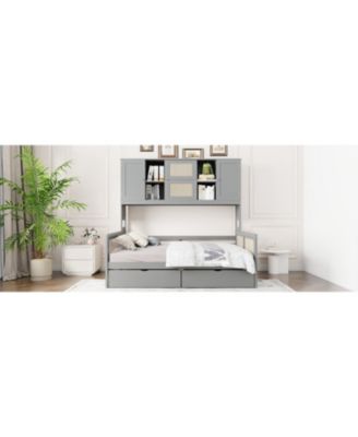 Full Size Wooden Daybed With 2 Drawers, and All-in-One Cabinet and Shelf, Gray