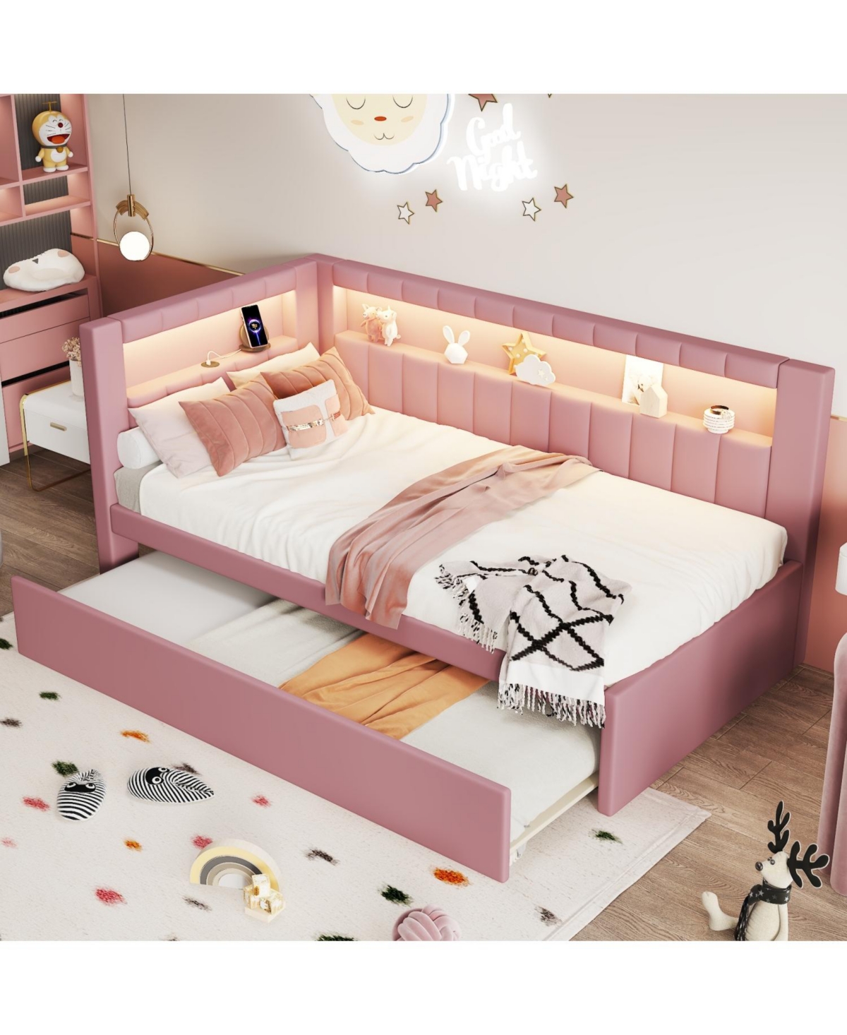 Streamdale Furniture Twin Platform Bed with Usb & Led Trundle