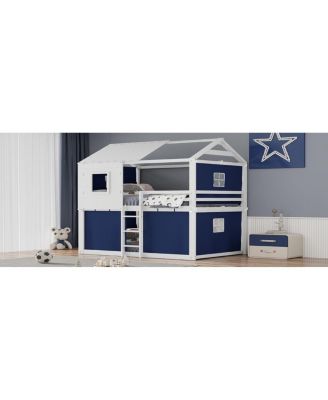 Full Size Bunk Wood House Bed with Tent