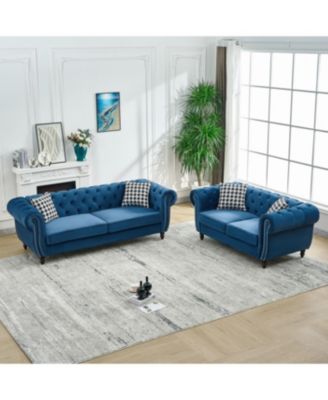  3+2 Seater Blue Chesterfield Velvet Sofa with Roll Armrest & Nailhead
