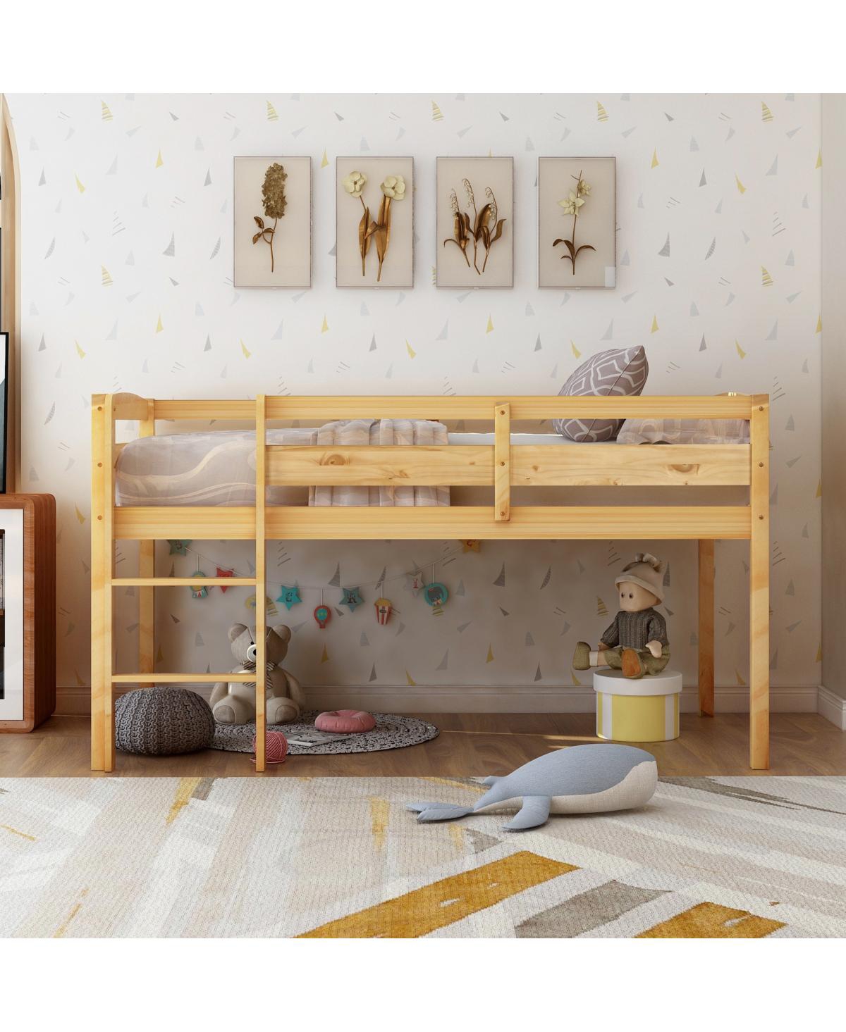 Streamdale Twin Wood Loft Bed Low Loft Beds with Ladder, Twin, Walnut