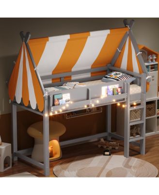 Twin Size Loft Bed with Canopy, LED Lights & Book Shelf