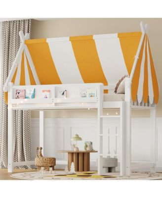 Twin Size Loft Bed with Canopy, LED Lights & Book Shelf