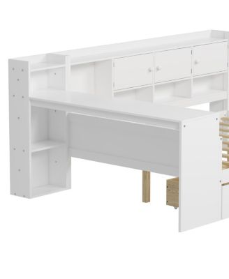  Wooden L-Shape Daybed with 7 Cabinets, 2 Drawers, Desk & Bookshelf, White