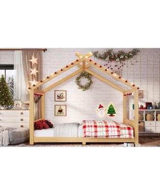Full House Floor Bed with Support Slats, Solid Wood House Bed Frame for Kids