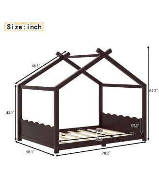  Full House Floor Bed with Support Slats, Solid Wood House Bed Frame for Kids, Espresso