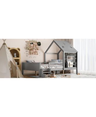 Full House Beds with Low-Profile Stairs, Window, Bookcase, Blackboard, Star Roof, Gray