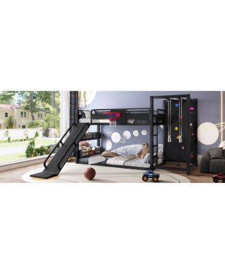 metal loft bed with basketball hoop, rings, climbing wall, slide, bookshelves